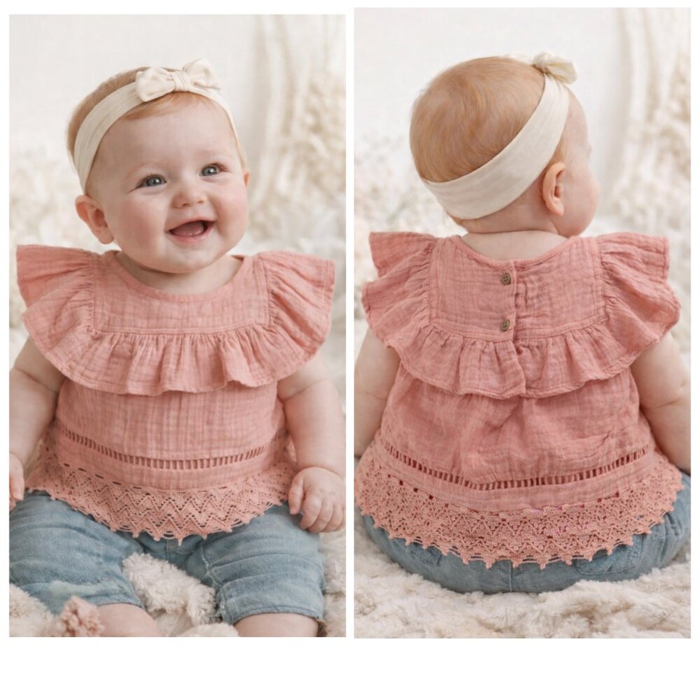 Jessica Simpson Top Baby Girl 3-6M Coral Pink Ruffle Eyelet Lace Yoke Cotton NWT